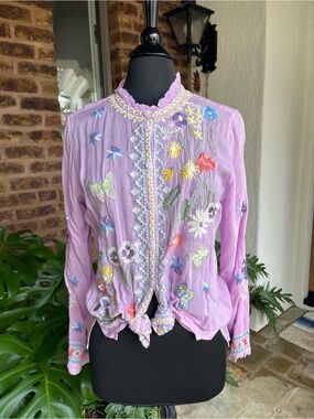 Johnny Was Lavender Floral Embroidered Tie-Front Blouse